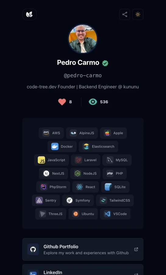 Code-Tree.dev Profile Preview - Showcase your developer profile with all your tools and links